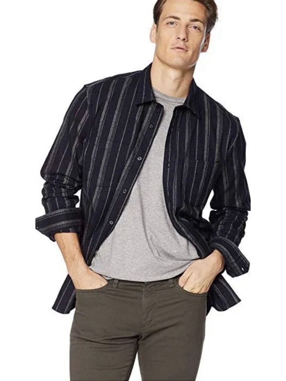 VINCE Men’s Striped Long Sleeve Cotton Flannel In Coastal Blue-Medium